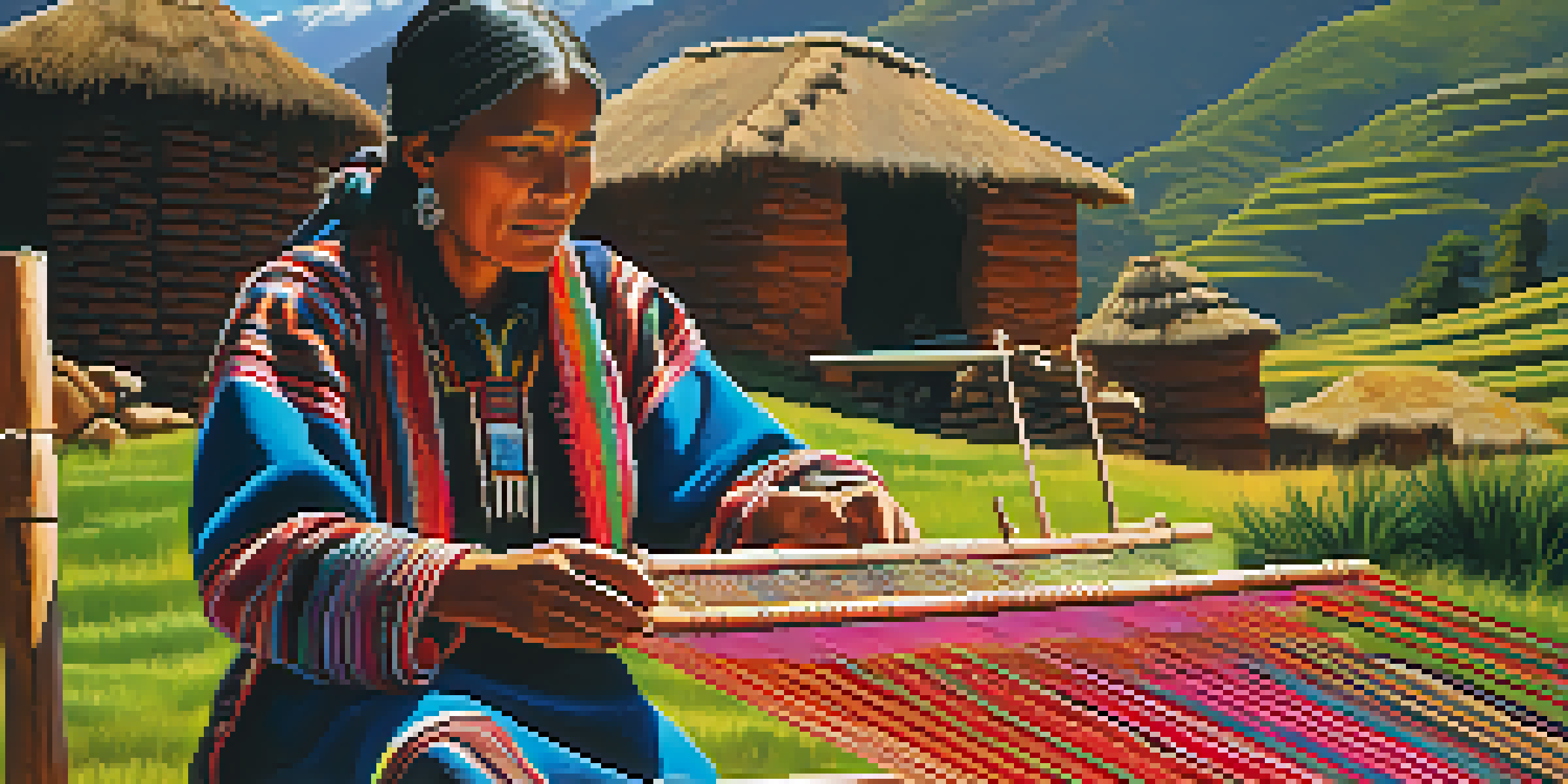 A local artisan in traditional clothing weaving colorful textiles on a loom in Chinchero, Peru, with mountains in the background.