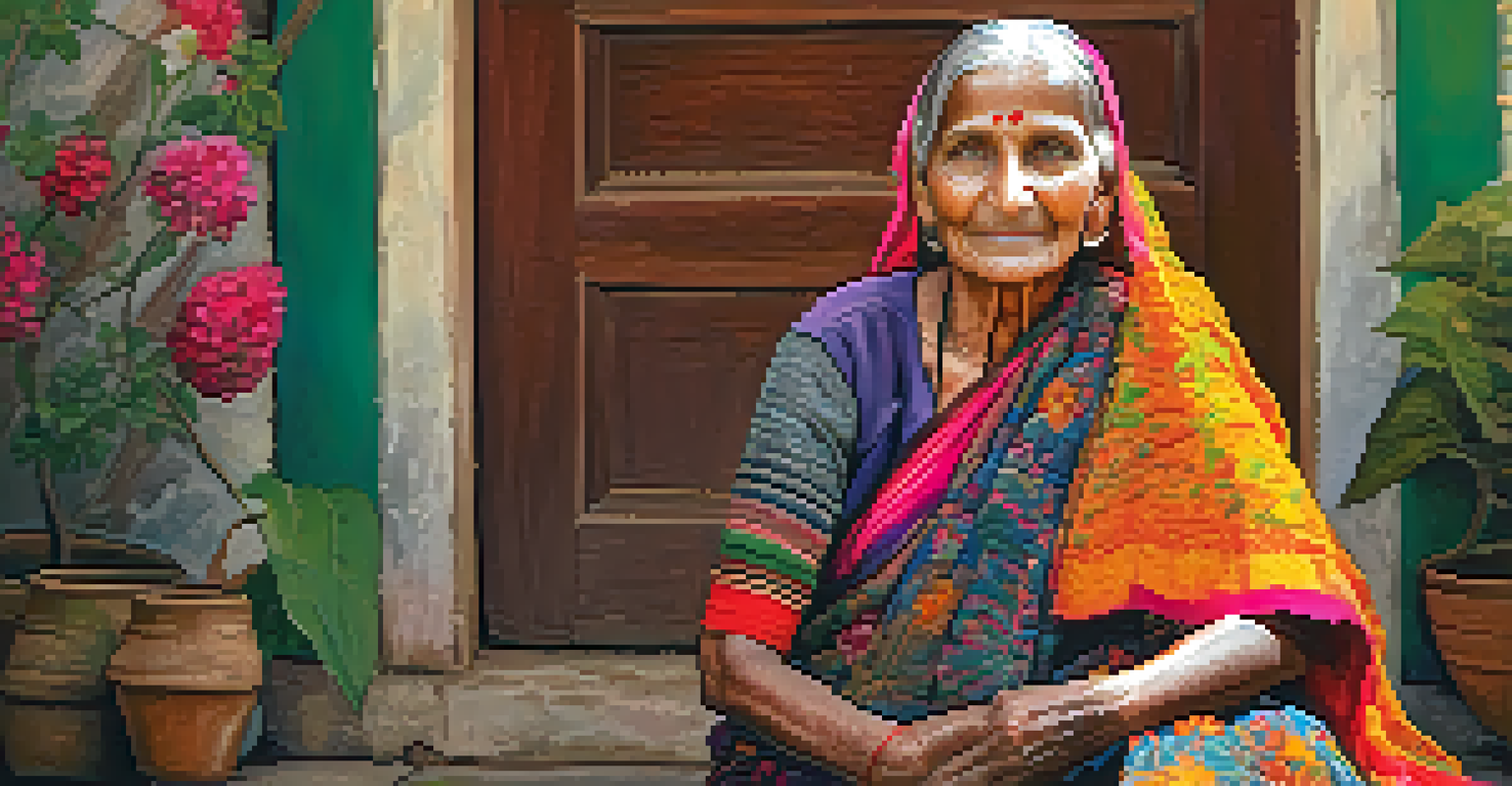 A close-up portrait of an elderly Indian woman in traditional clothing, with a colorful garden in the background.