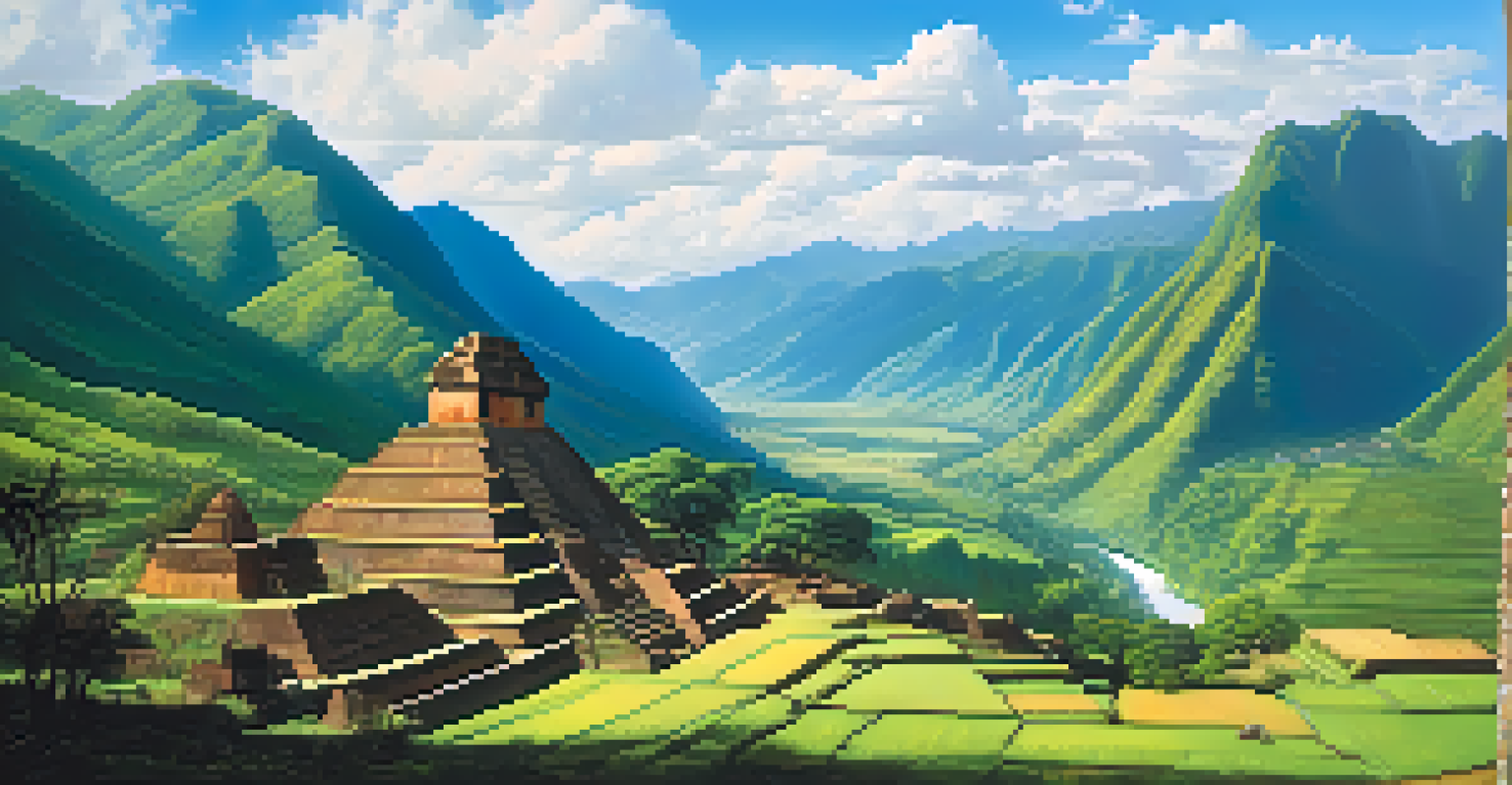 A picturesque Sacred Valley in the Amazon with mountains, ancient ruins, and indigenous people, under a clear blue sky.