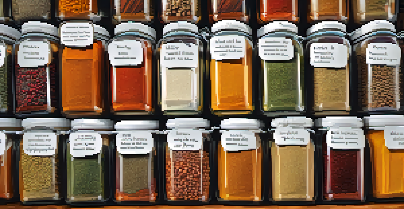 A close-up view of various colorful spices in glass containers at a market stall.