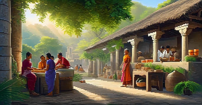 A scene showing tourists interacting with local artisans at a heritage site, with an ancient stone structure and greenery in the background.