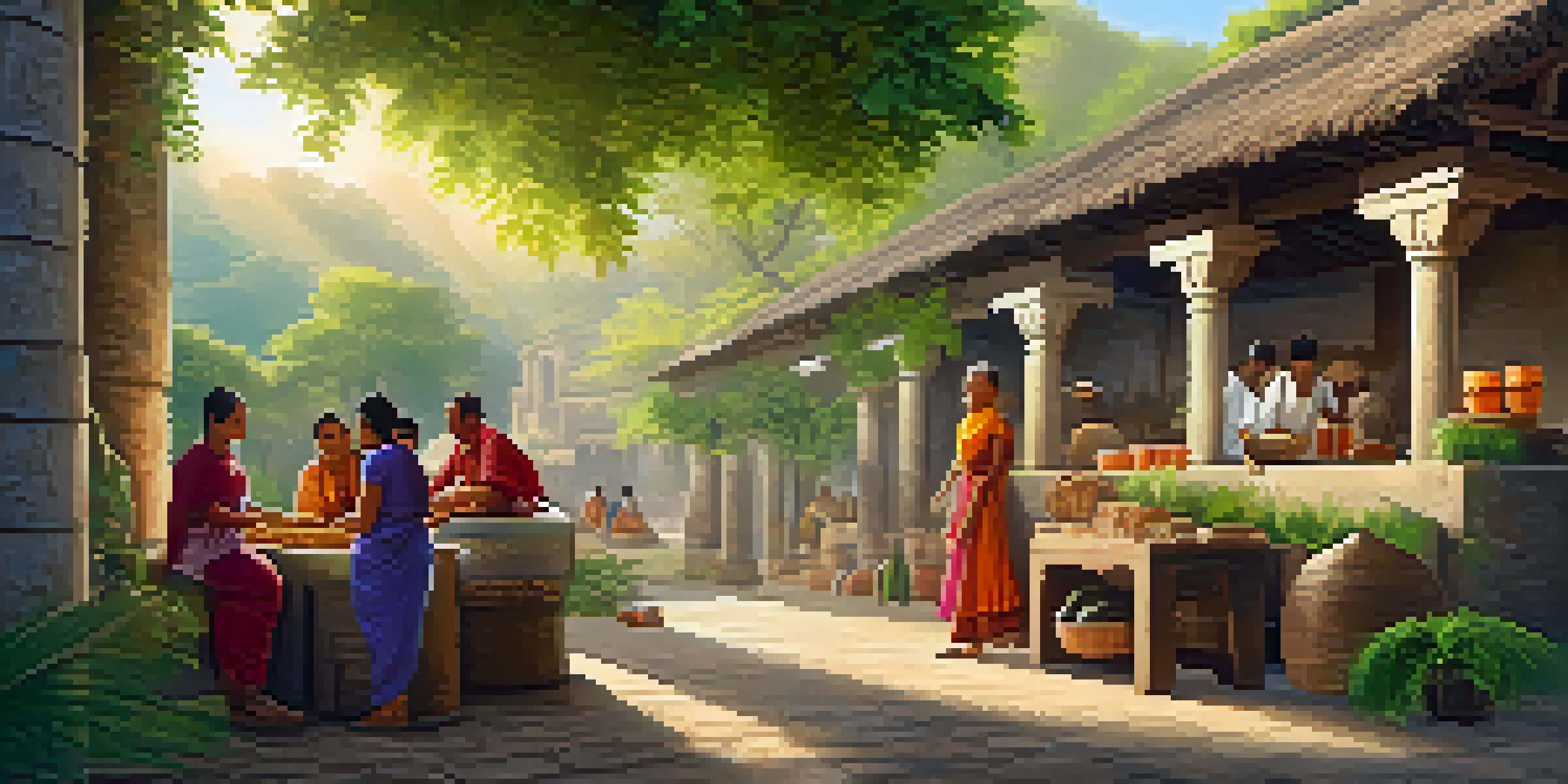 A scene showing tourists interacting with local artisans at a heritage site, with an ancient stone structure and greenery in the background.