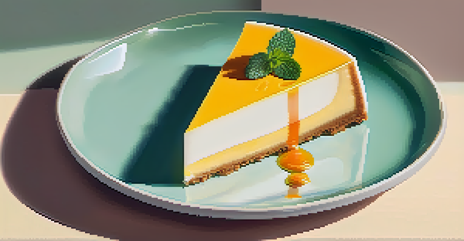 A slice of Pisco Sour Cheesecake with passion fruit sauce on a decorative plate, against a minimalist background.