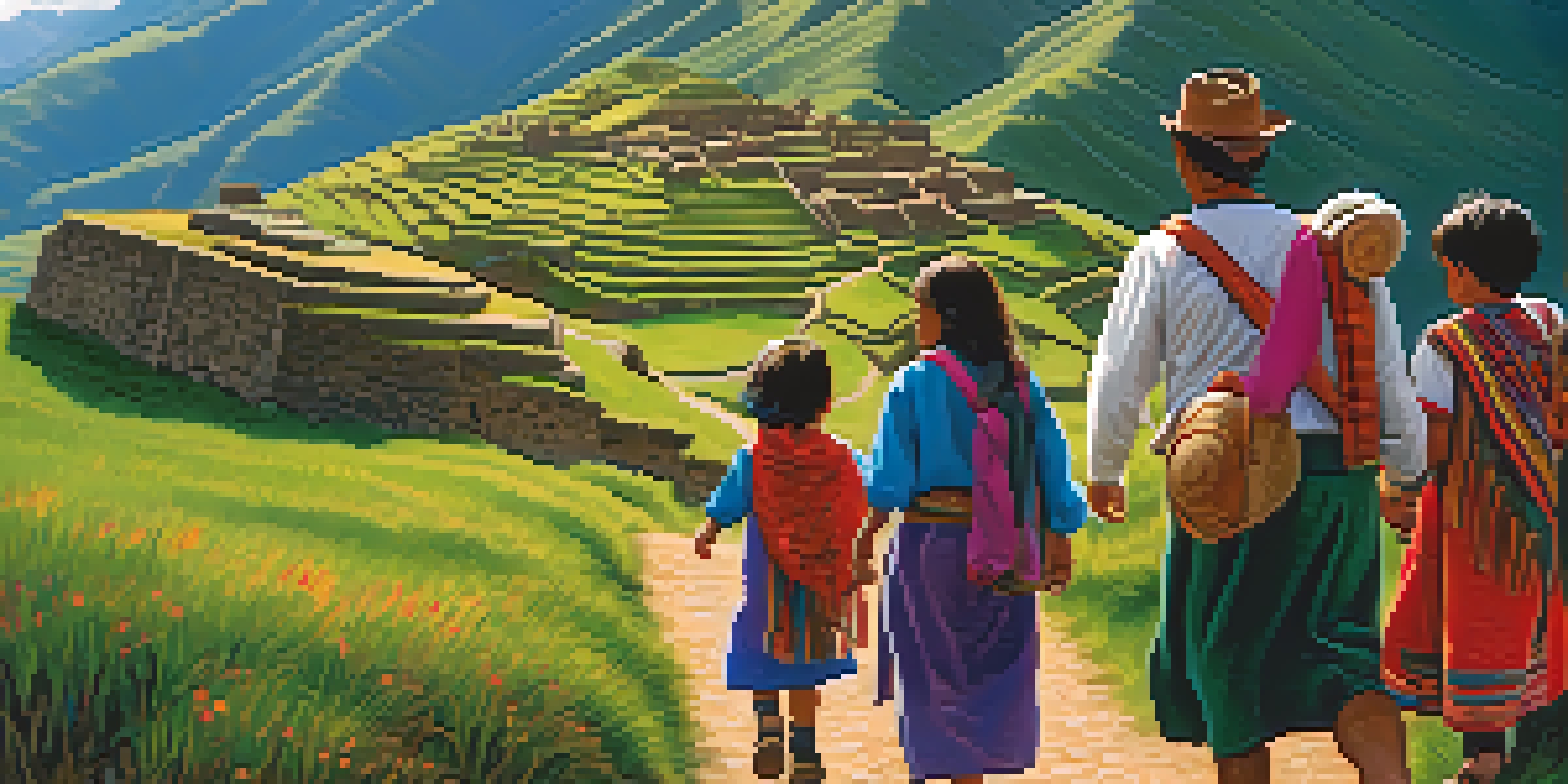 A family hiking in the Sacred Valley, with lush greenery and ancient ruins in the background.