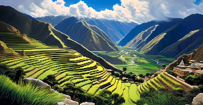 A scenic view of Ollantaytambo's ancient terraces with green hills and mountains in the background, under a bright blue sky.