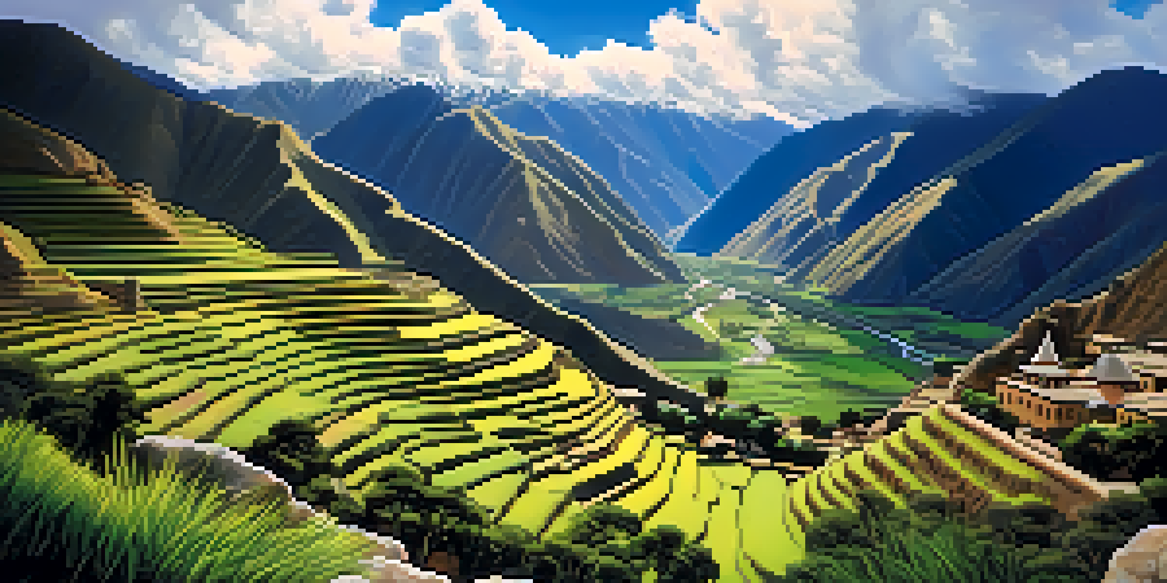 A scenic view of Ollantaytambo's ancient terraces with green hills and mountains in the background, under a bright blue sky.