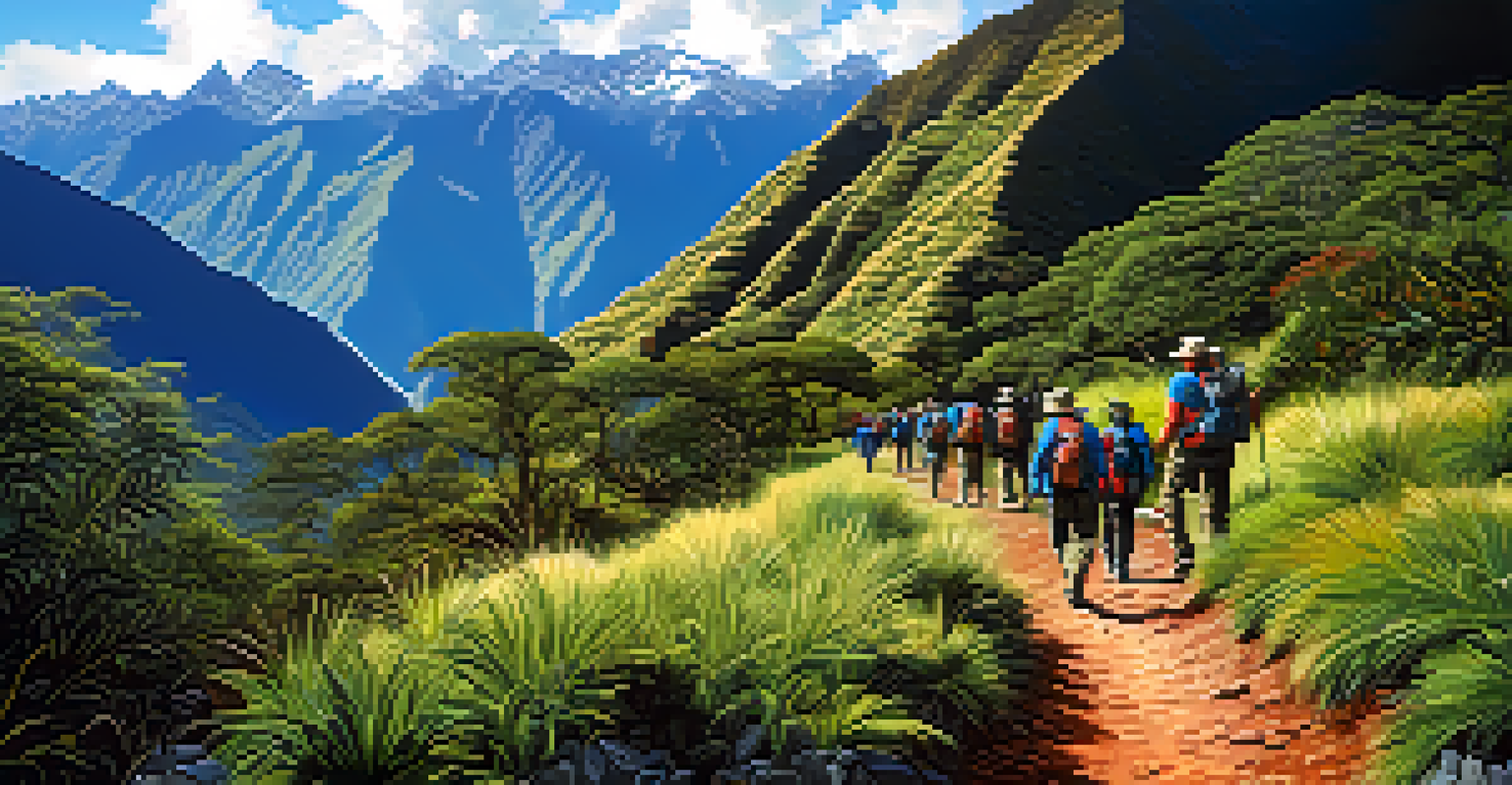 Hikers making their way through the stunning Andean landscape towards Choquequirao, with lush greenery, towering mountains, and the ruins visible in the distance.