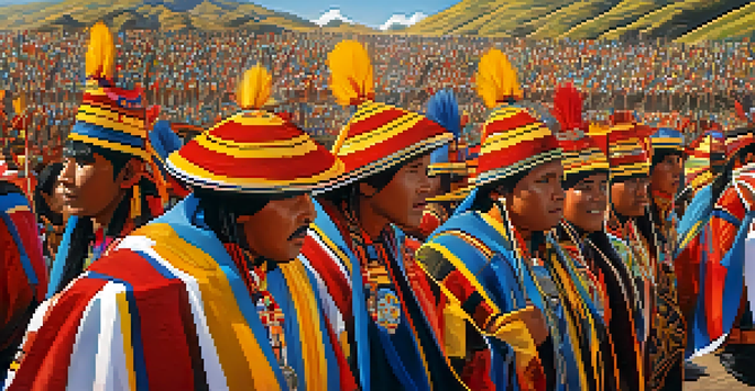 Participants in traditional Incan costumes perform a dance during the Inti Raymi festival in Cusco, Peru, under a bright blue sky.