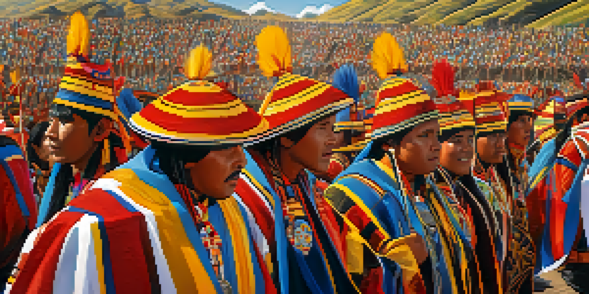 Participants in traditional Incan costumes perform a dance during the Inti Raymi festival in Cusco, Peru, under a bright blue sky.