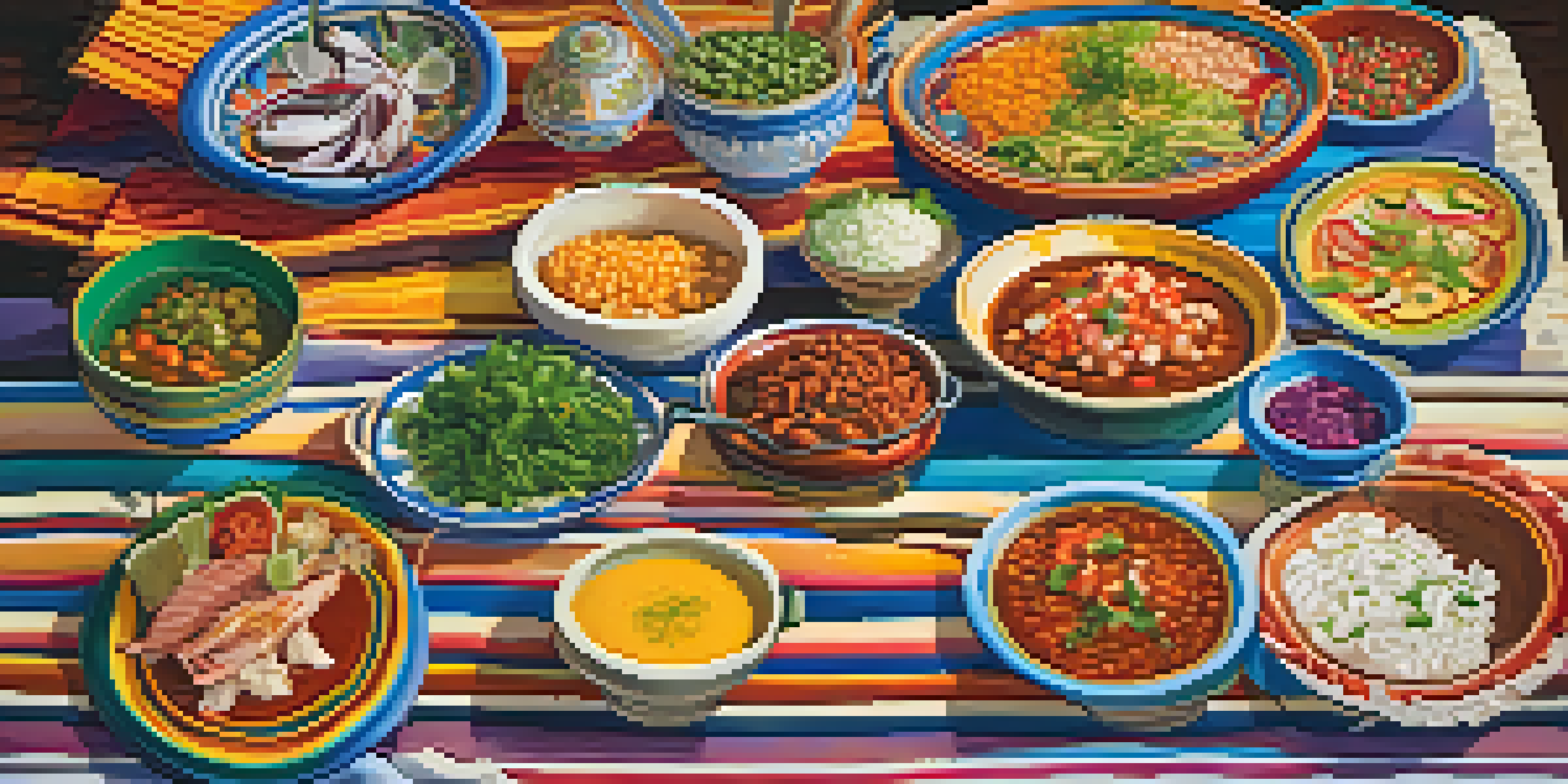 A beautifully arranged Peruvian dining table showcasing traditional dishes and vibrant decorations.