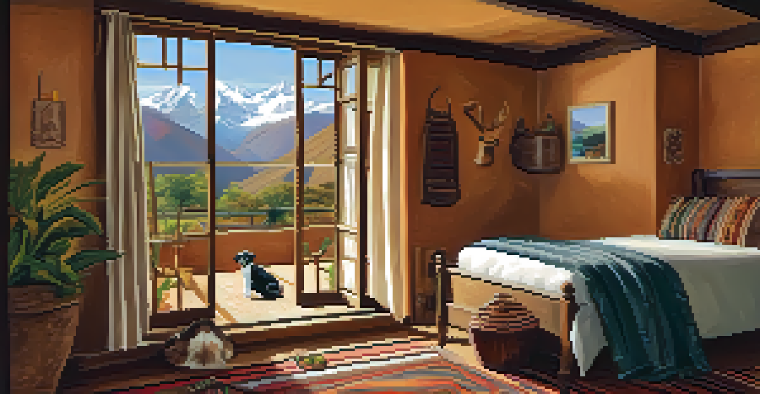 A cozy pet-friendly hotel room in Peru with a view of the Andes mountains, featuring a pet bed and colorful blankets.
