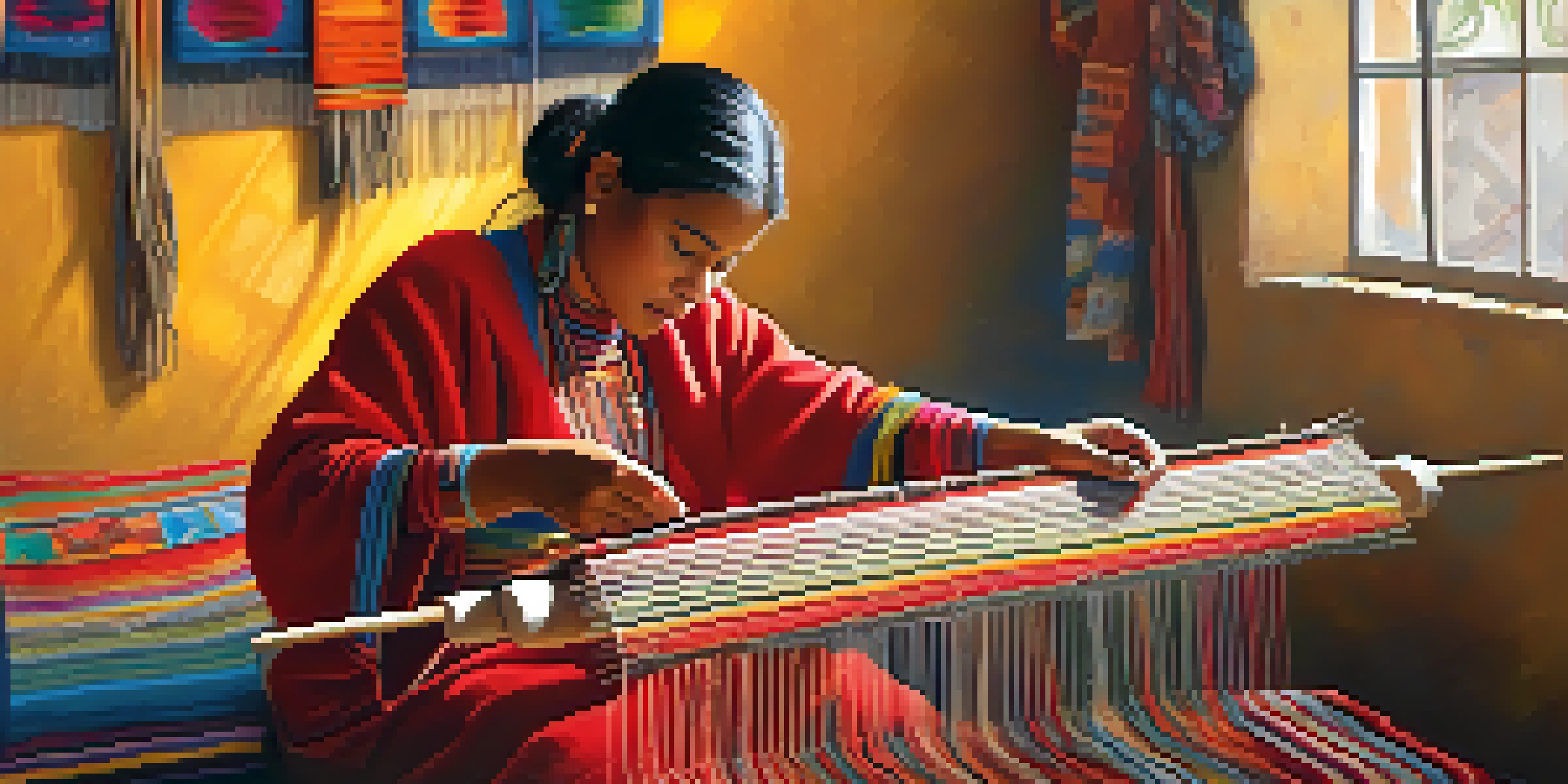 A Peruvian woman weaving on a backstrap loom with colorful textiles around her, illuminated by natural light.
