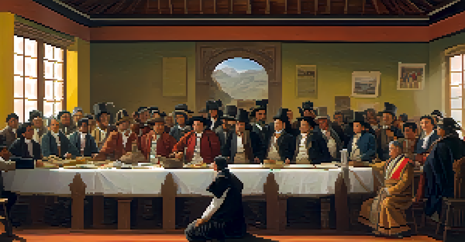A political meeting in early 19th-century Peru with diverse factions engaged in discussion, illuminated by natural light.