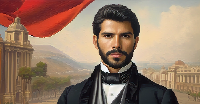 A dignified portrait of José de la Riva-Agüero in formal attire with the Peruvian flag and a blurred historic cityscape.