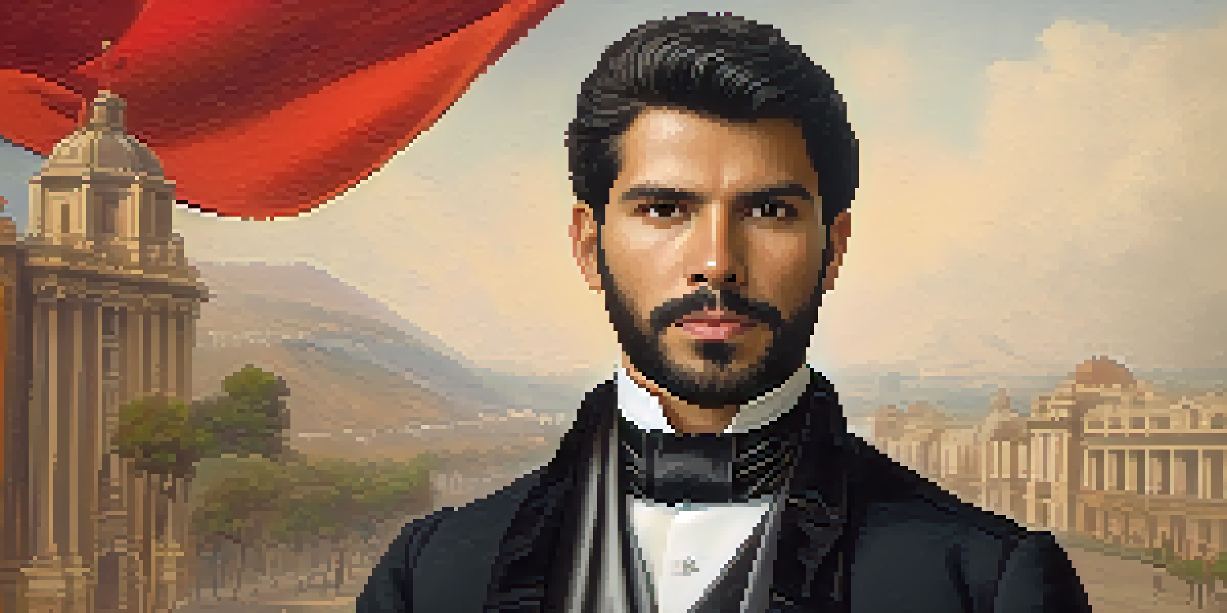 A dignified portrait of José de la Riva-Agüero in formal attire with the Peruvian flag and a blurred historic cityscape.