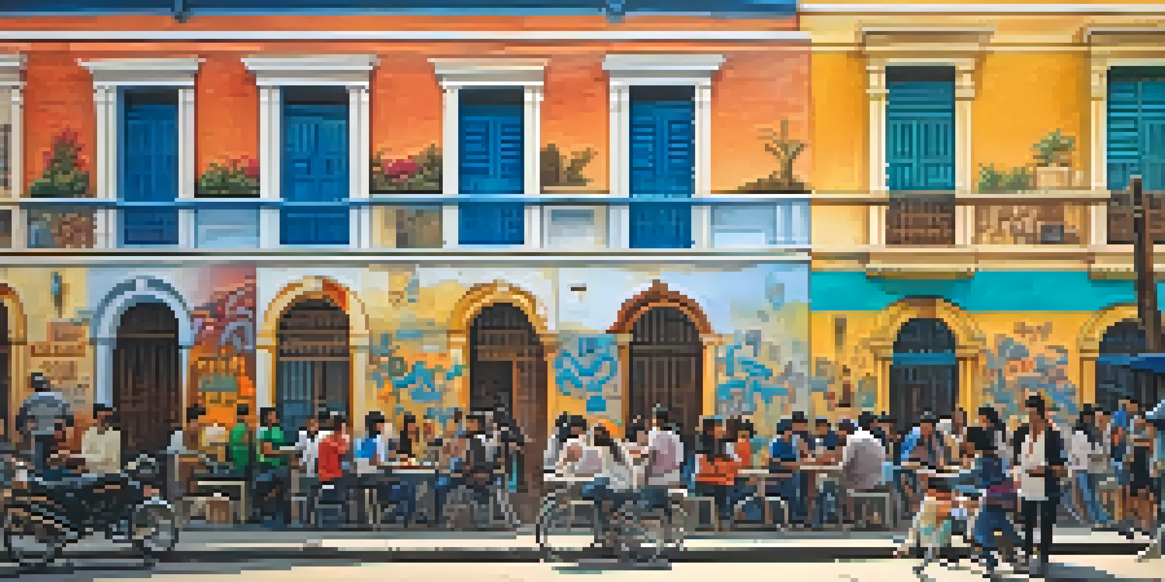 A lively street in Barranco, Lima, featuring colorful street art and colonial buildings under warm golden hour light.