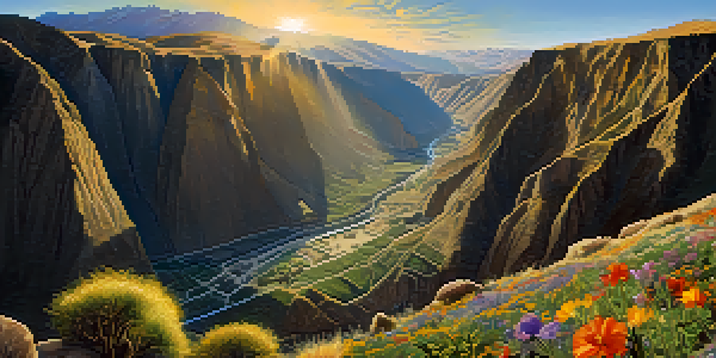 A panoramic view of Colca Canyon at sunrise with steep cliffs, vibrant valleys, and wildflowers in the foreground. An Andean condor soars in the sky.