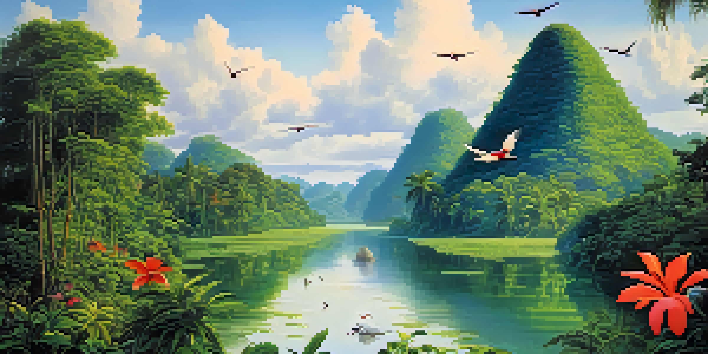 A vibrant and lush Amazon rainforest landscape with a winding river and colorful birds flying in the sky.