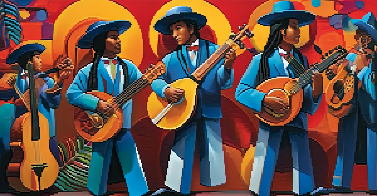An artistic depiction of musicians blending traditional Peruvian instruments with modern styles against a vibrant, abstract background.