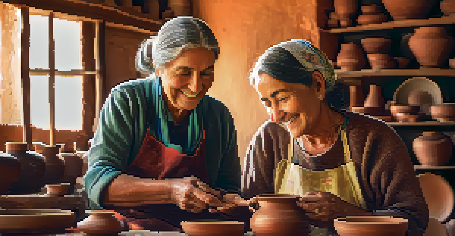 A volunteer learning pottery from a local artisan in a cozy workshop, showcasing the craftsmanship and cultural exchange.