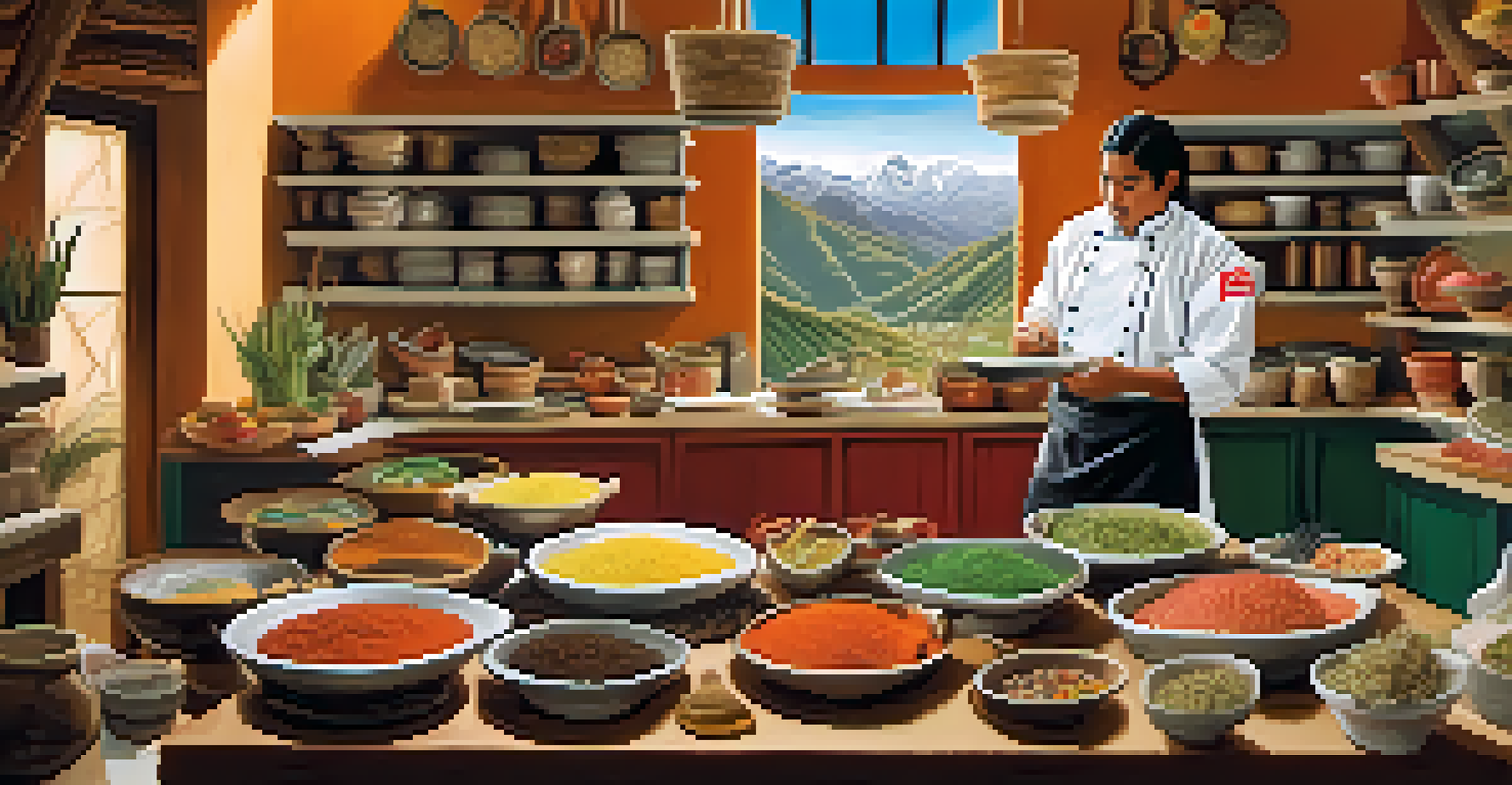 A Peruvian chef in a modern kitchen preparing traditional dishes with international spices, against a backdrop of Peru's trade routes.