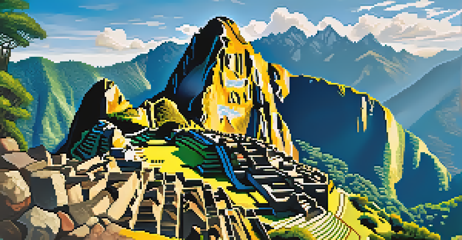 A climber on the trail of Machu Picchu Mountain with views of the ancient ruins and green landscape.