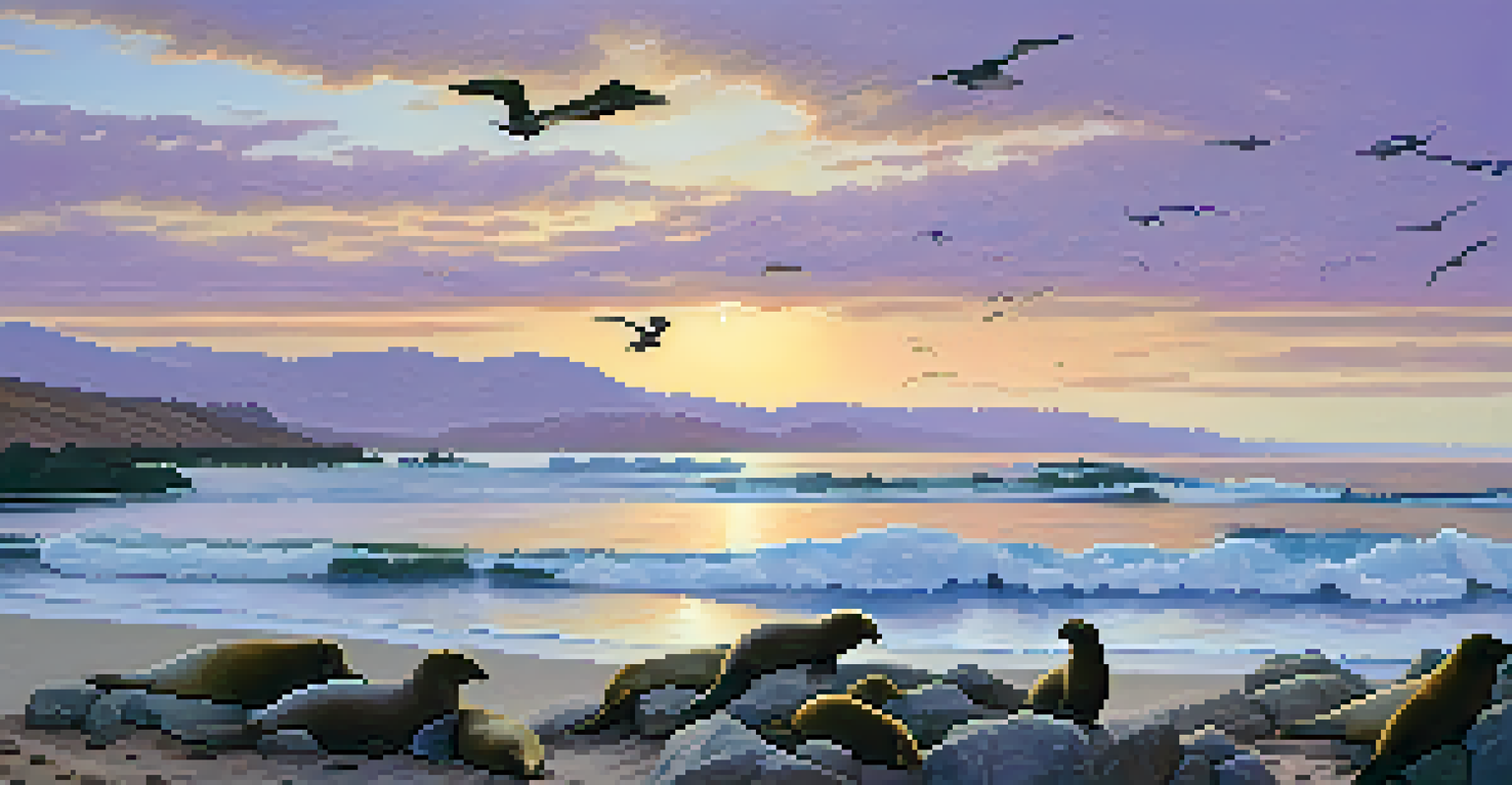 A coastal sunset view at Paracas National Reserve with sea lions on the shore and seabirds in the distance.