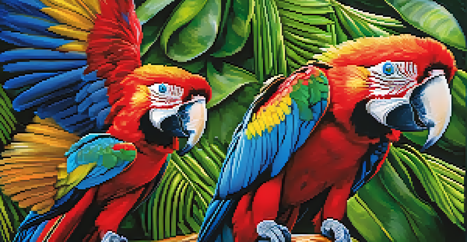 A close-up of a colorful macaw perched on a branch among green foliage.