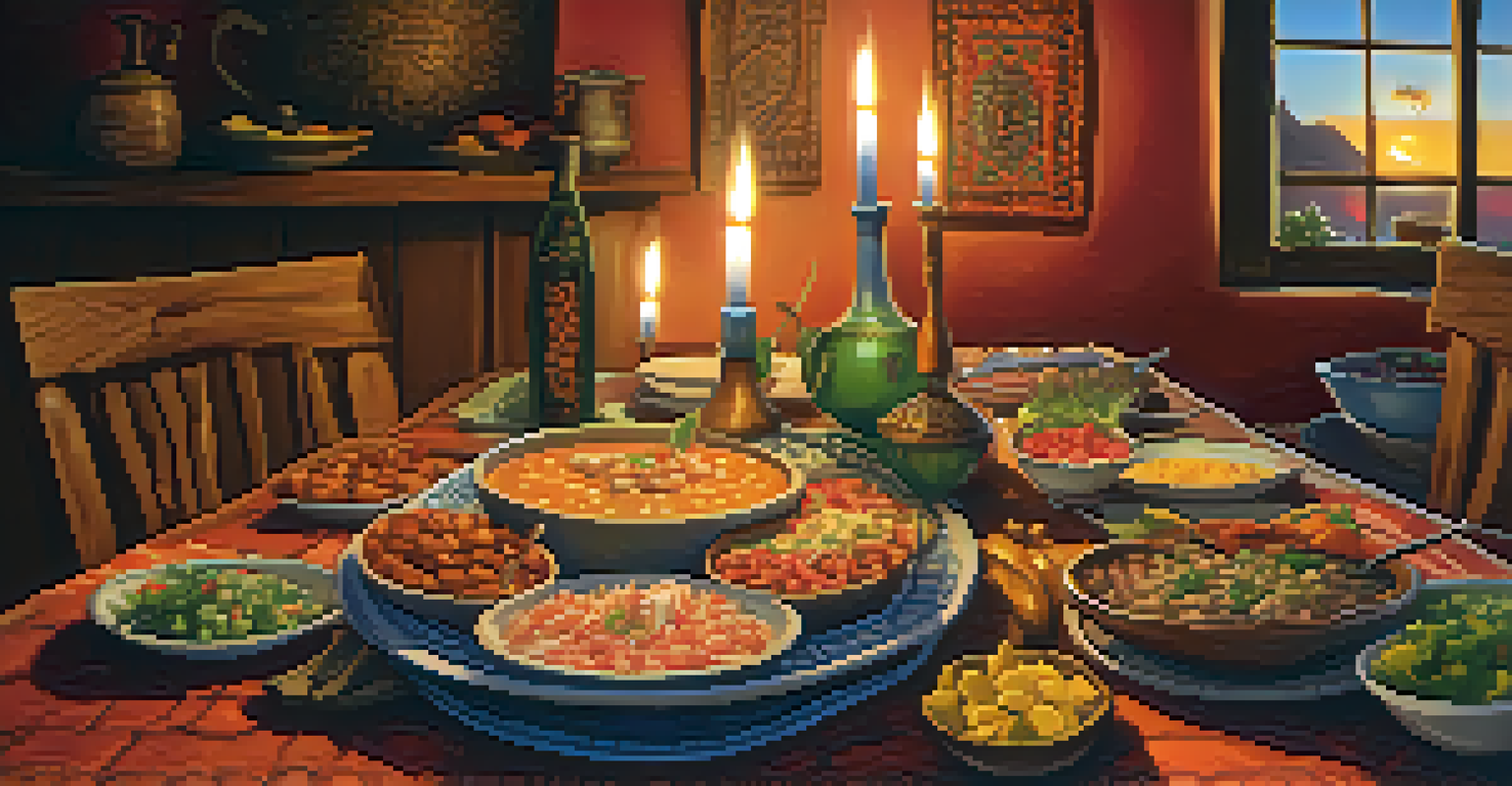 A rustic dining table set with traditional Peruvian dishes and warm candlelight, with friends and family enjoying a meal together.