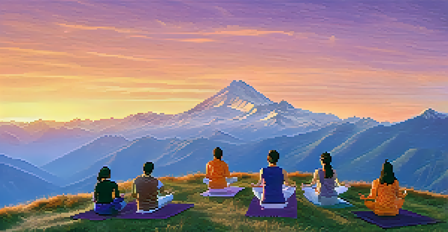 Individuals practicing yoga on a mountain summit in the Andes during sunset, with stunning valley views.