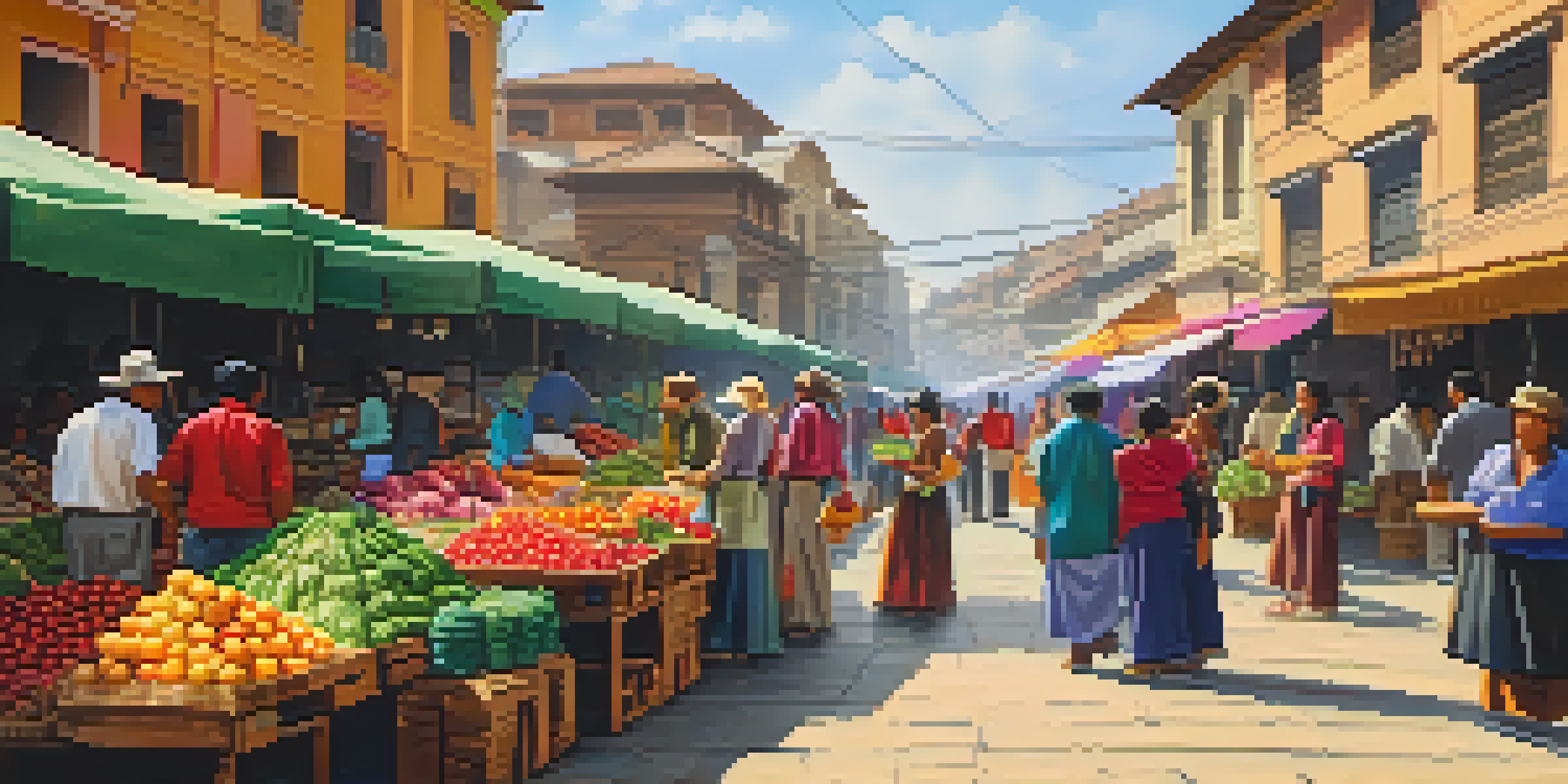 A lively street market in Peru with colorful fruit stalls, vendors engaging with customers, and traditional buildings in the background, illuminated by warm sunlight.