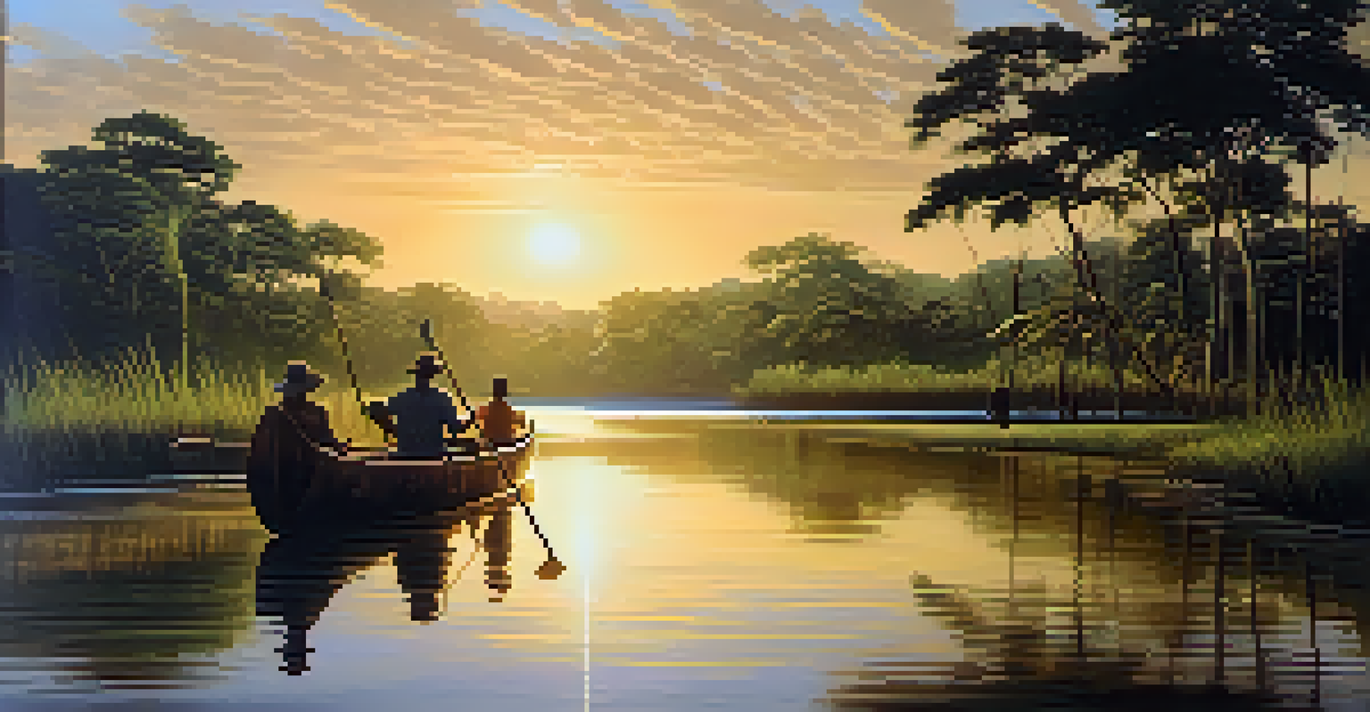 Travelers canoeing on a serene river in the Amazon Basin, surrounded by lush vegetation and a golden sunset.