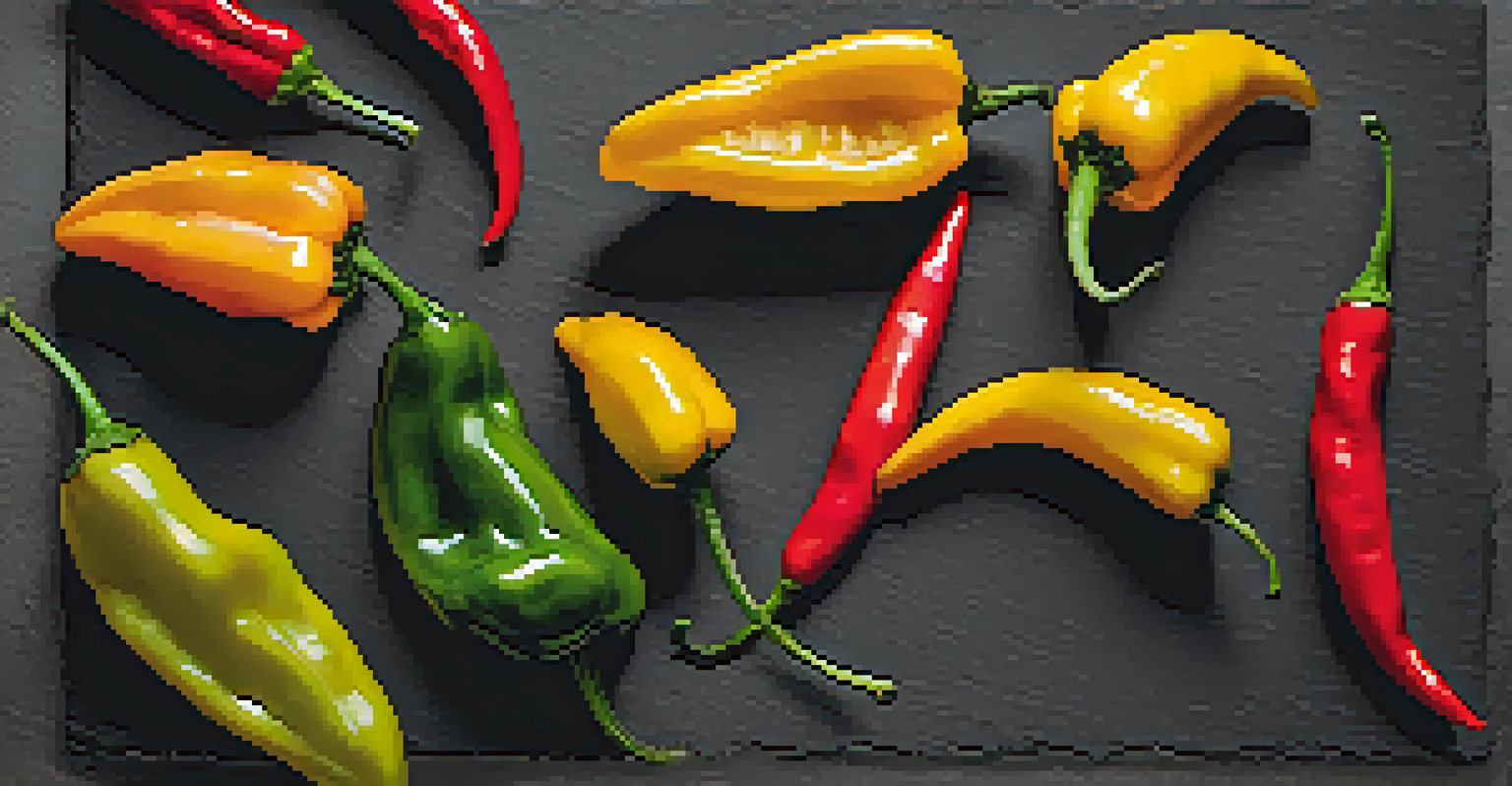 A close-up image of a bright yellow Aji Amarillo pepper on a slate background, emphasizing its color and texture.