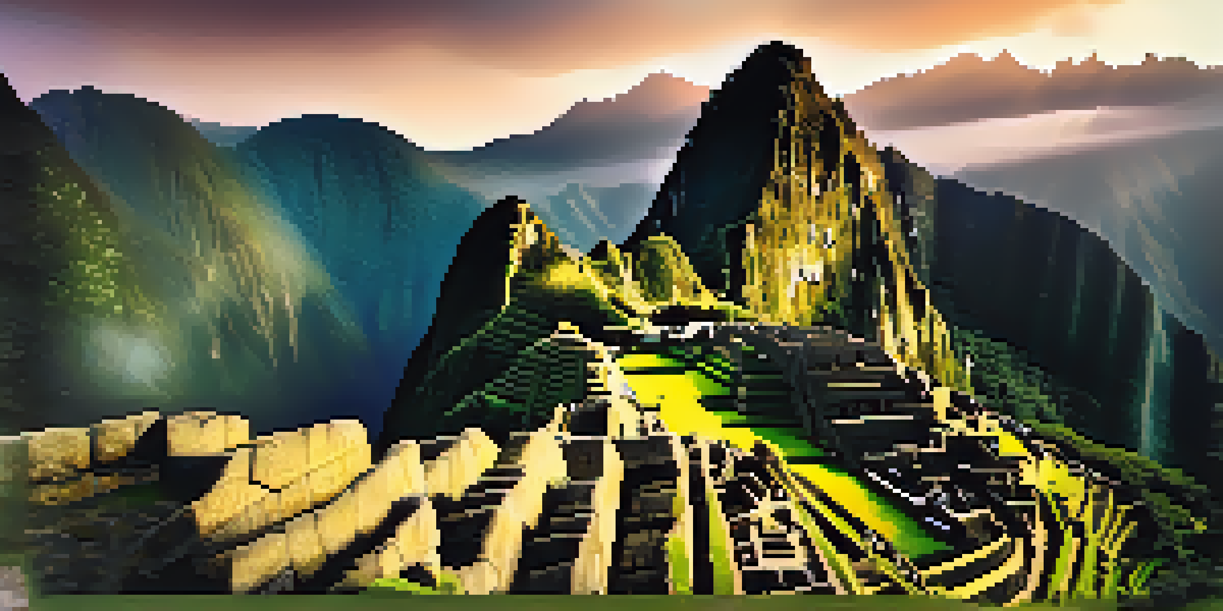 A breathtaking sunrise over Machu Picchu, with ancient stone buildings and misty mountains in the background.