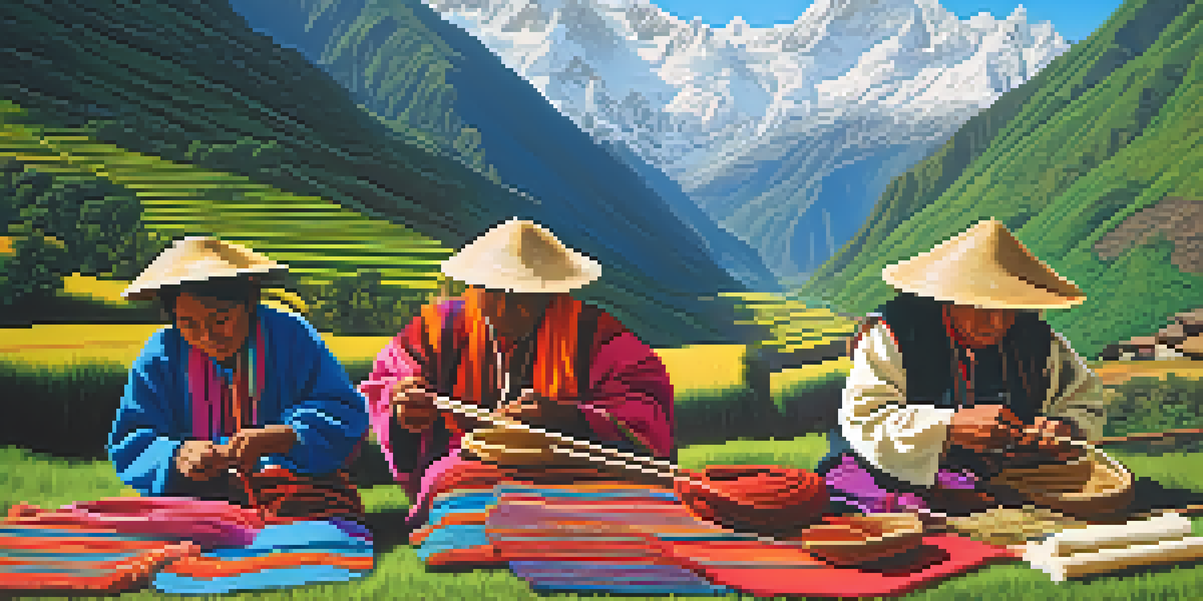 Indigenous Peruvian artisans weaving colorful textiles in a lush green landscape with the Andes mountains in the background.