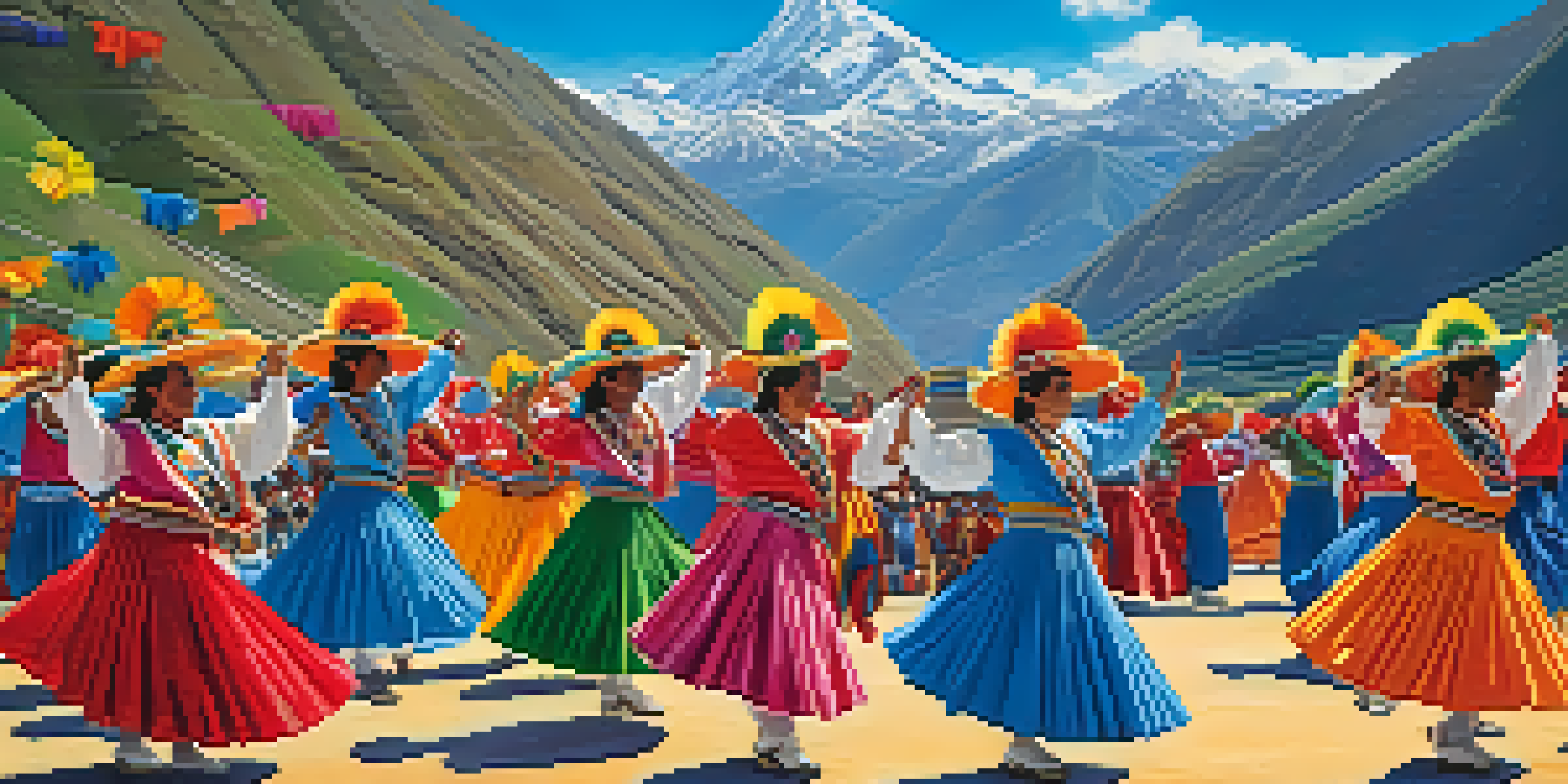 A lively Andean festival with dancers in colorful costumes performing the Caporales dance against a mountainous backdrop, showcasing traditional instruments.