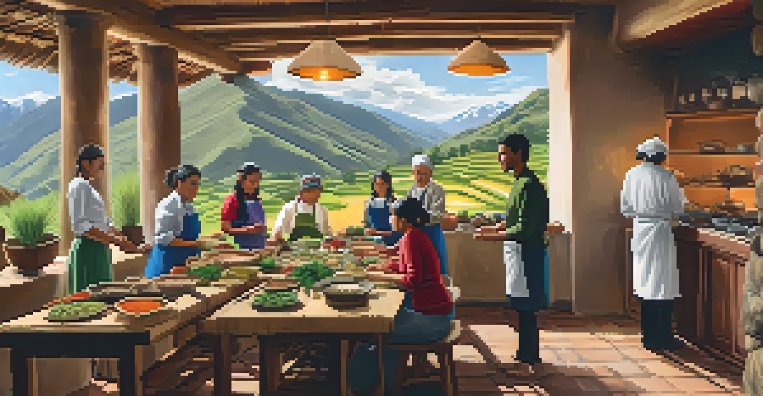 Travelers participating in a cooking class in the Sacred Valley, learning from a local chef with a view of the lush valley outside.