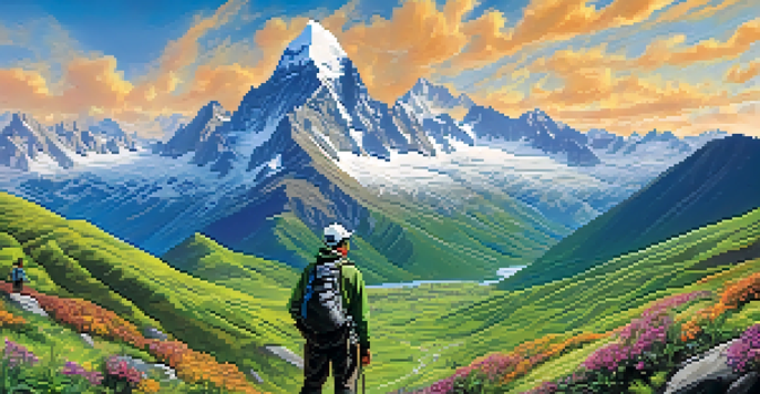 A climber practicing eco-friendly climbing in the Peruvian Andes, with mountains and wildflowers in the foreground.