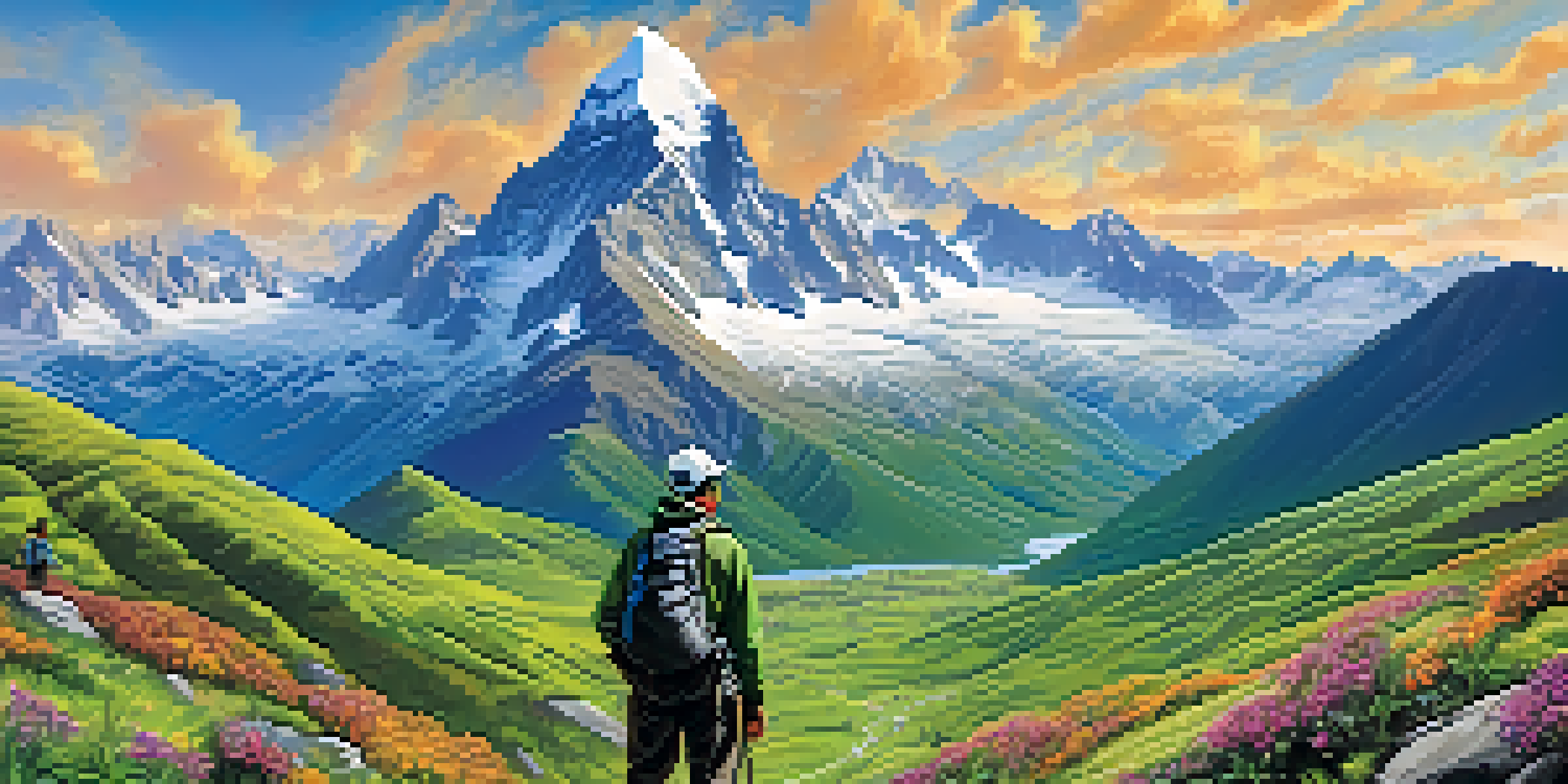 A climber practicing eco-friendly climbing in the Peruvian Andes, with mountains and wildflowers in the foreground.