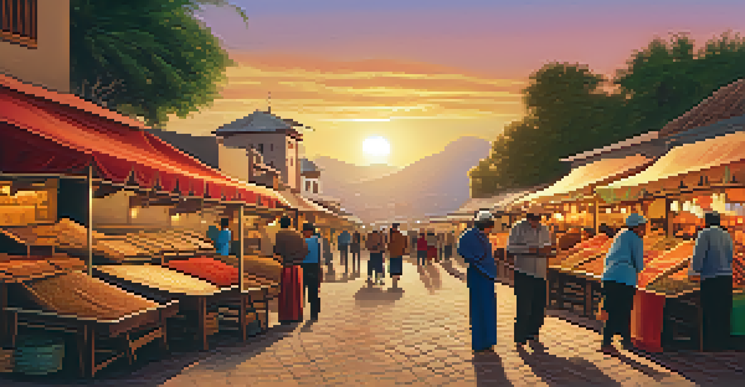 A sunset view of a Peruvian artisan market, with stalls full of handmade crafts and locals engaging joyfully.