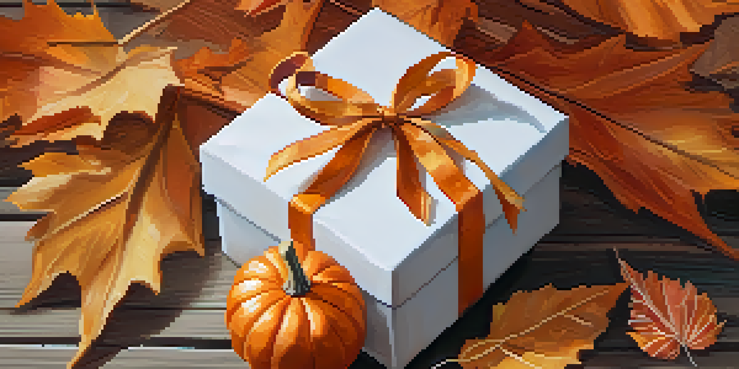A gift wrapped in orange and gold ribbons on a wooden table with autumn leaves and a pumpkin.