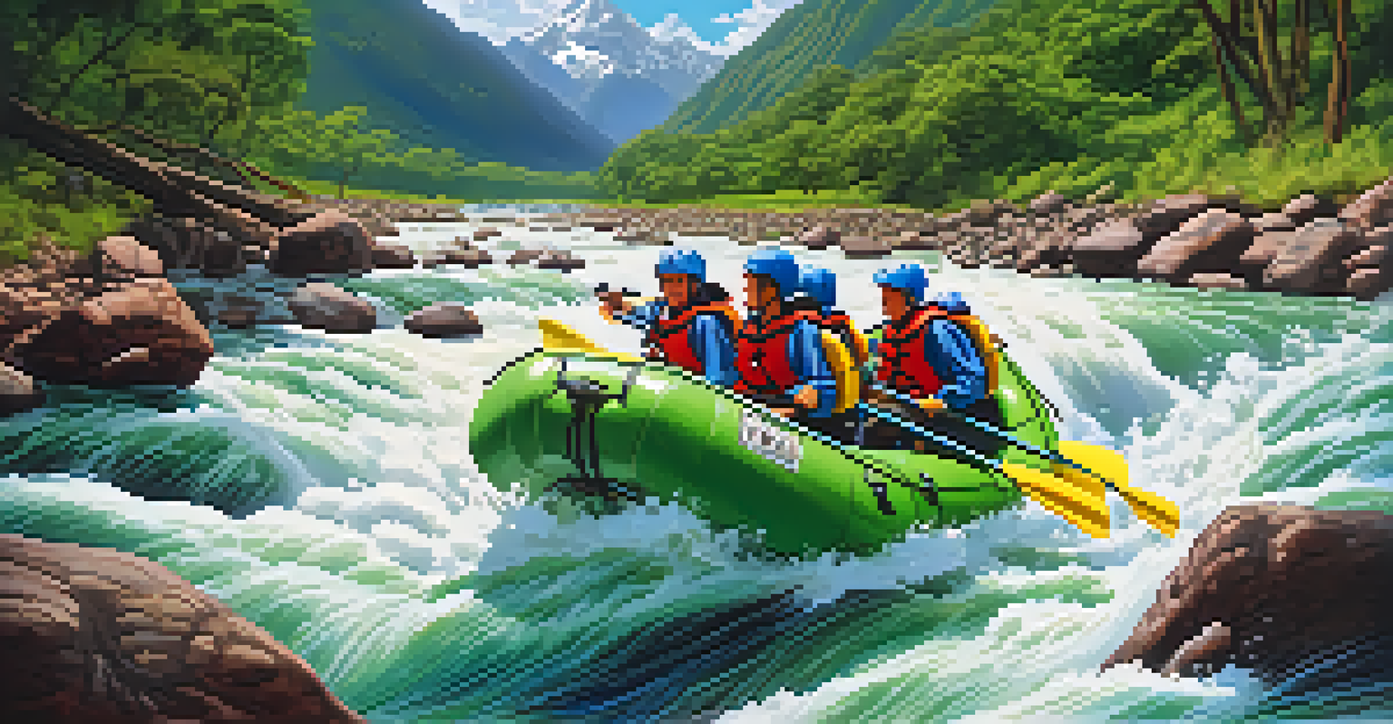 Adventurers rafting on the Urubamba River amidst lush rainforest, with splashes of water and a bright sky.