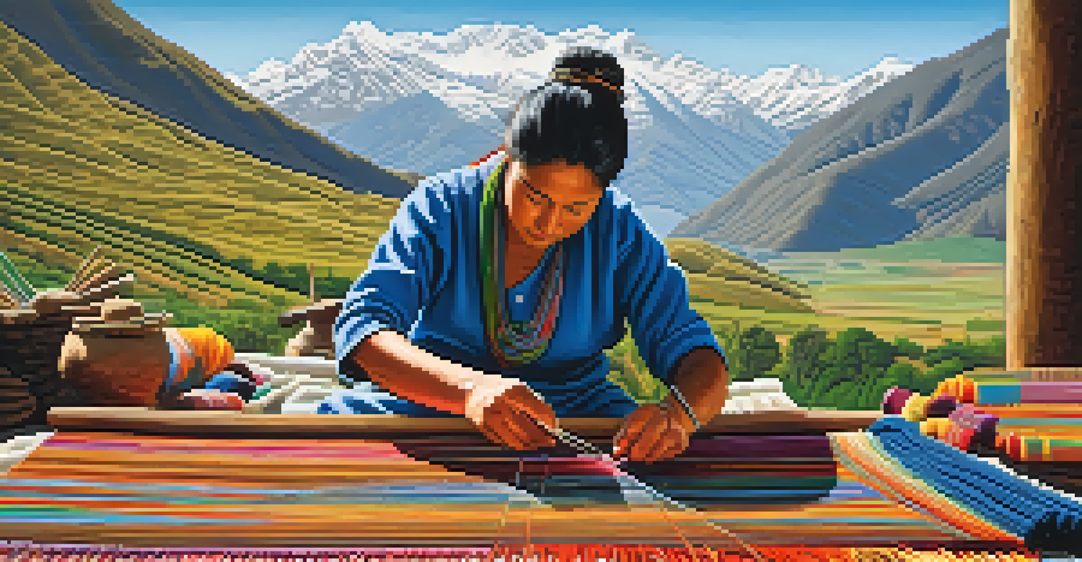 An artisan weaving a colorful textile in the Andes mountains, with beautiful mountain scenery in the background.