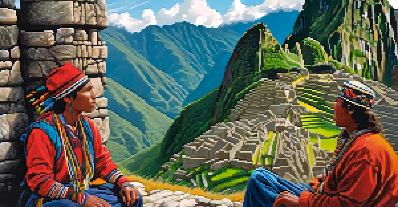 An indigenous guide in traditional attire sharing stories with hikers on the Inca Trail, with ancient ruins in the background.