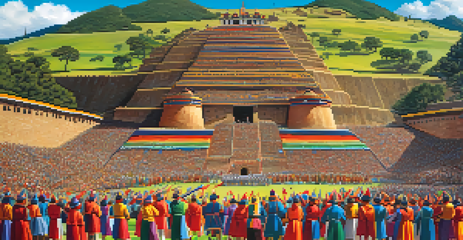Aerial view of the Inti Raymi festival in Cusco with dancers in colorful costumes and historic landmarks in the background.