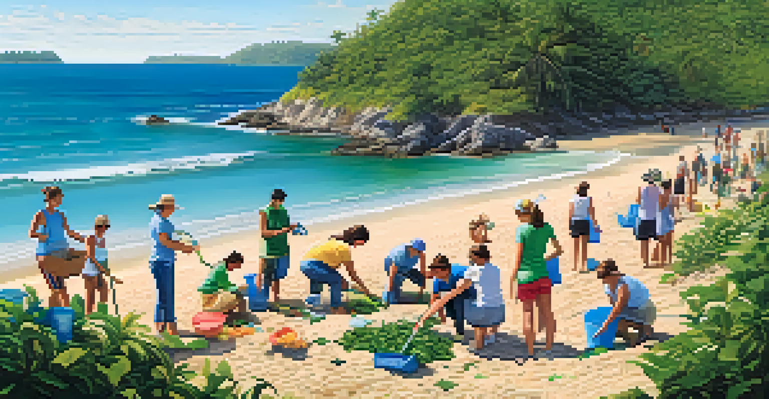 Community members and tourists collaborating in a beach clean-up, surrounded by clear waters and green trees under a bright sunny sky.