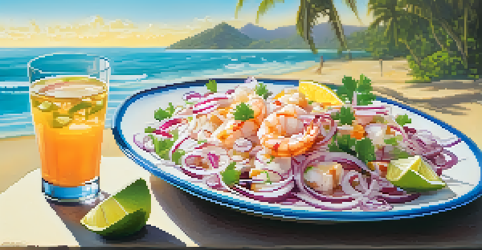 A colorful plate of ceviche with fish, red onions, and cilantro next to a glass of pilsner on a beach.
