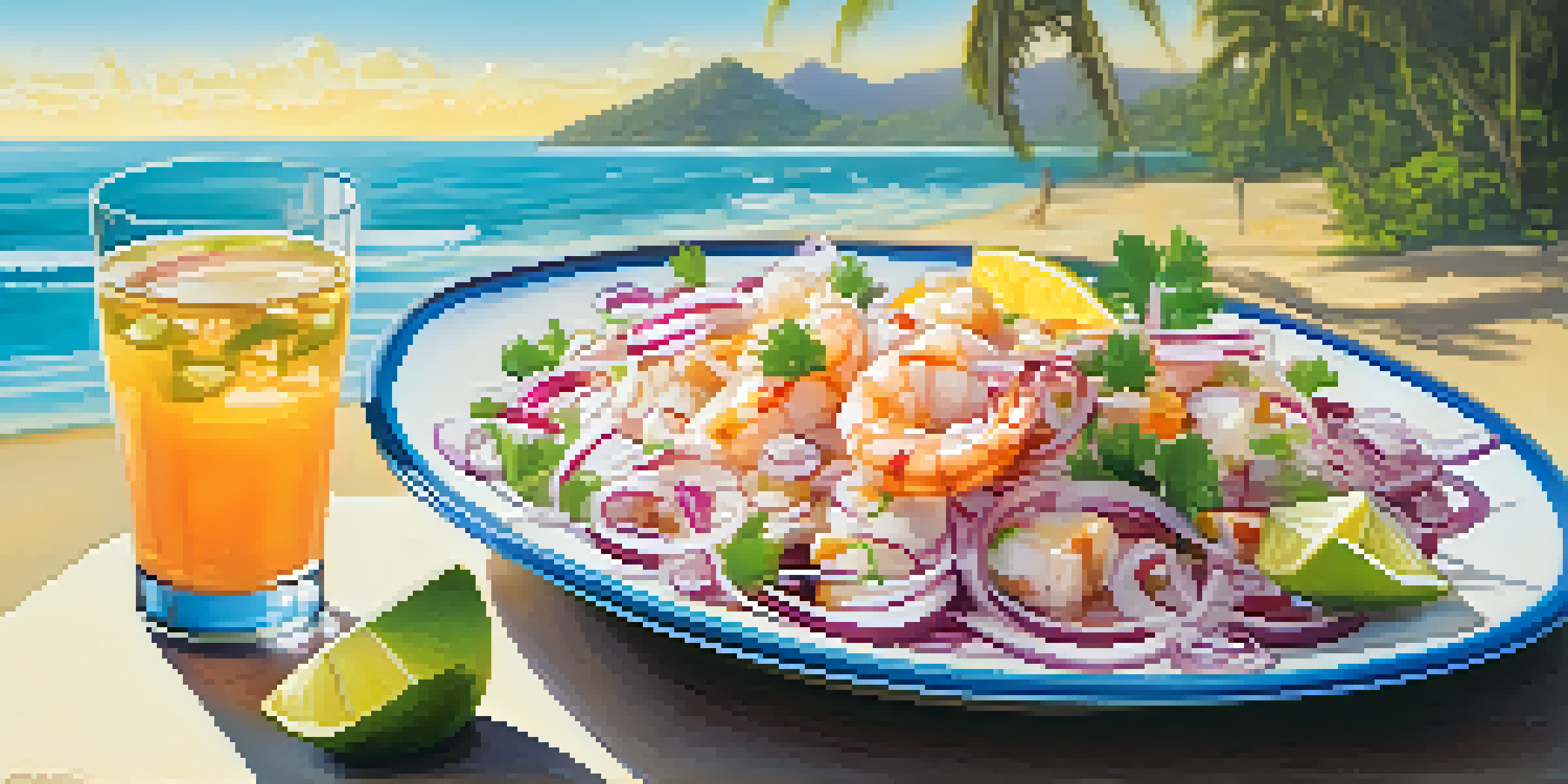A colorful plate of ceviche with fish, red onions, and cilantro next to a glass of pilsner on a beach.