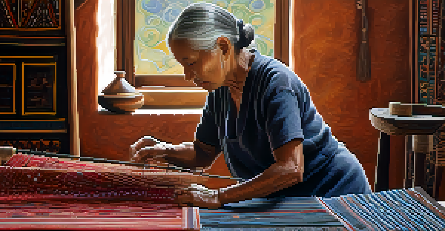 An elderly woman weaving traditional textiles in a cozy, well-lit room filled with personal artifacts that showcase her culture.