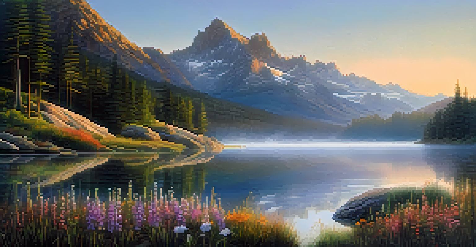 A mountain landscape at dawn with mist, a reflecting lake, and blooming wildflowers in the foreground.